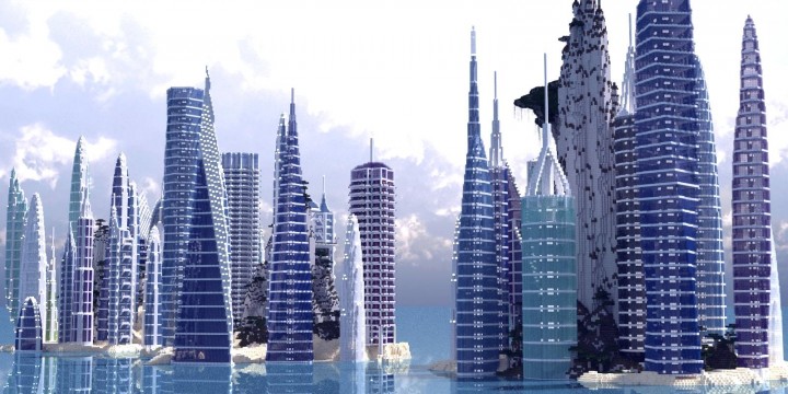 a city by the water minceraft building ideas skyscrapers ocean lake towers 5