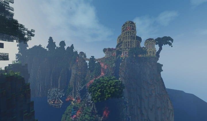 Elvish Outpost Arien Helyanwë minecraft build waterfall tower sky bridge sail boat 2