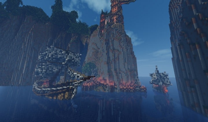 Elvish Outpost Arien Helyanwë minecraft build waterfall tower sky bridge sail boat 9