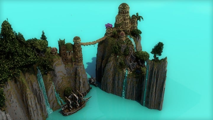 Elvish Outpost Arien Helyanwë minecraft build waterfall tower sky bridge sail boat