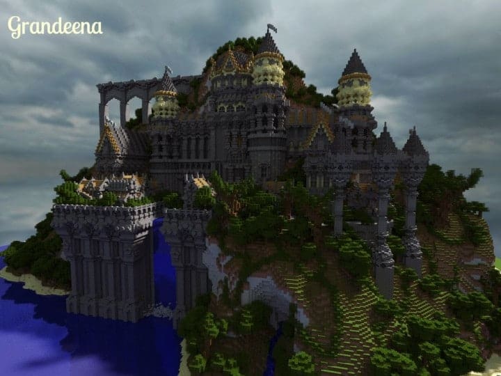 Grandeena Castle minecraft builds amazing tower bridge waterfall sky 3