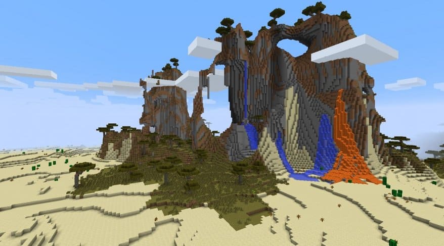 Lava-filled Desert Mountain with Splash of Greenery Minecraft seed 1.8